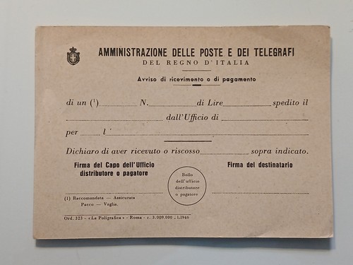 Modulo avviso ricevimento 1946 - avviso,